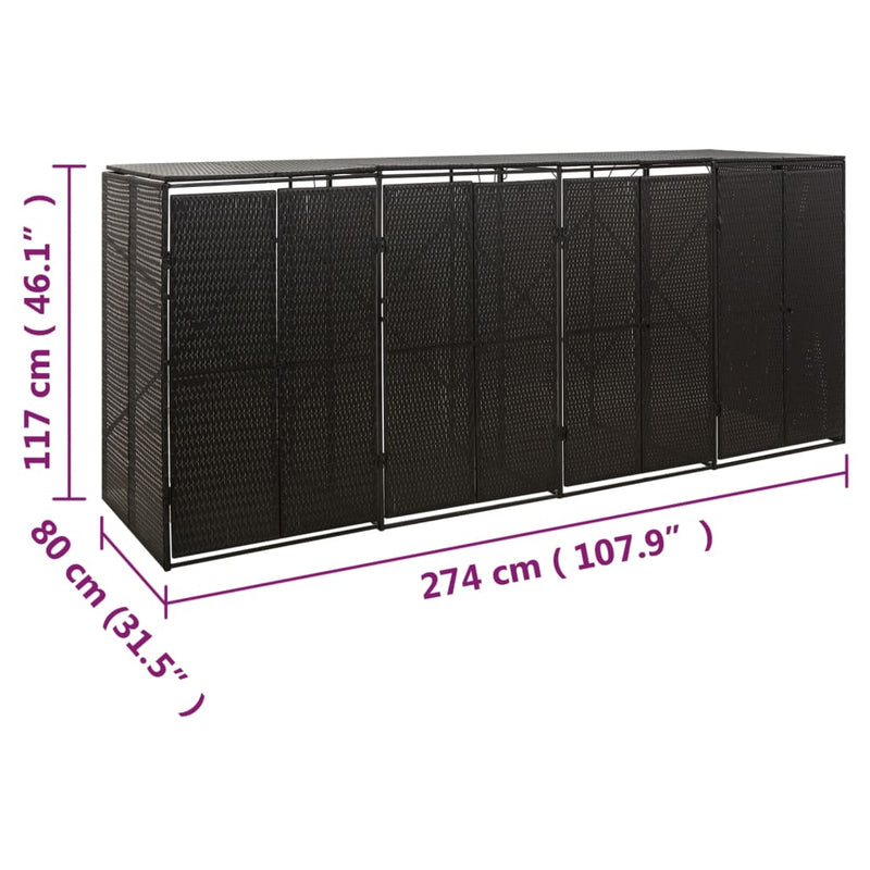vidaXL Quadruple Wheelie Bin Shed Black 274x80x117 cm Poly Rattan