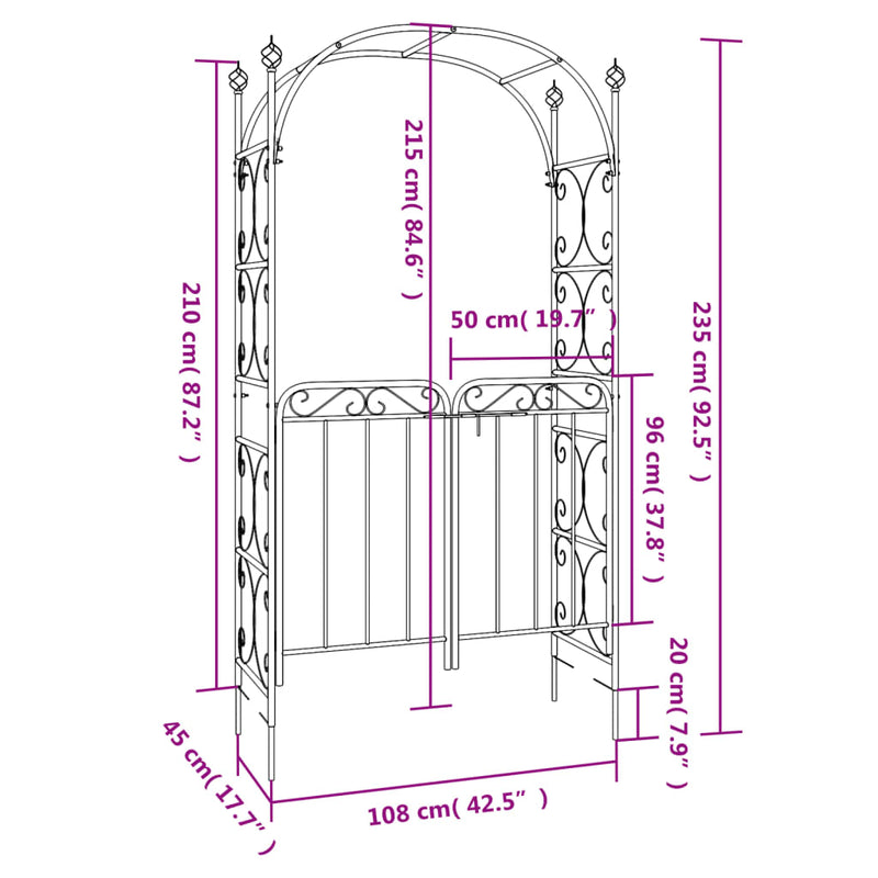 vidaXL Garden Arch with Gate Black 108x45x235 cm Steel