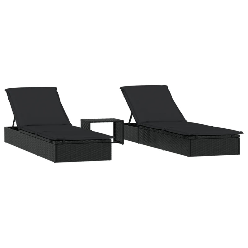 Sunbeds 2 pcs with Table Black Poly Rattan