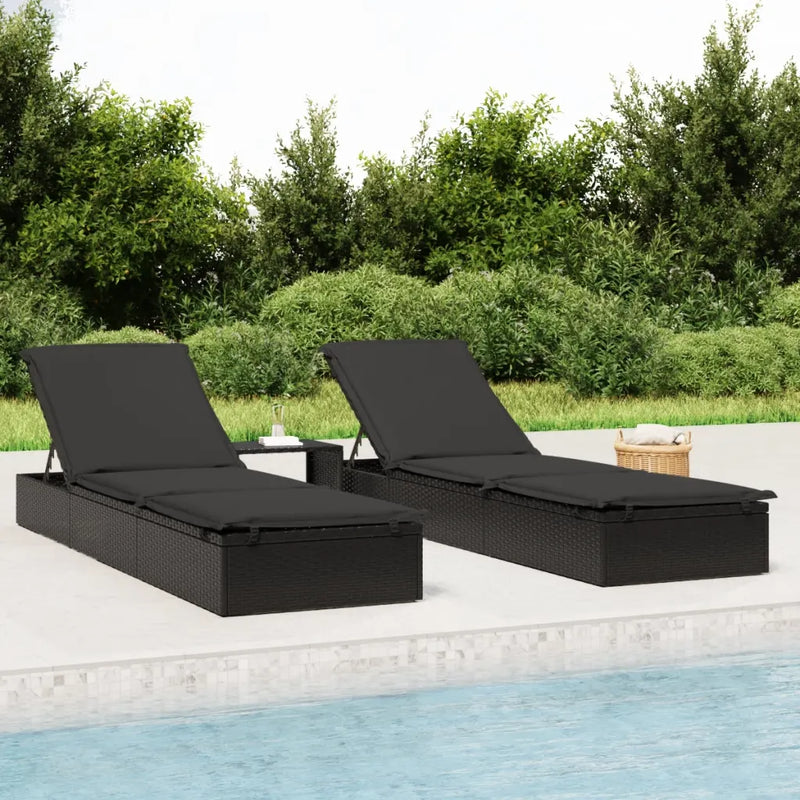 Sunbeds 2 pcs with Table Black Poly Rattan