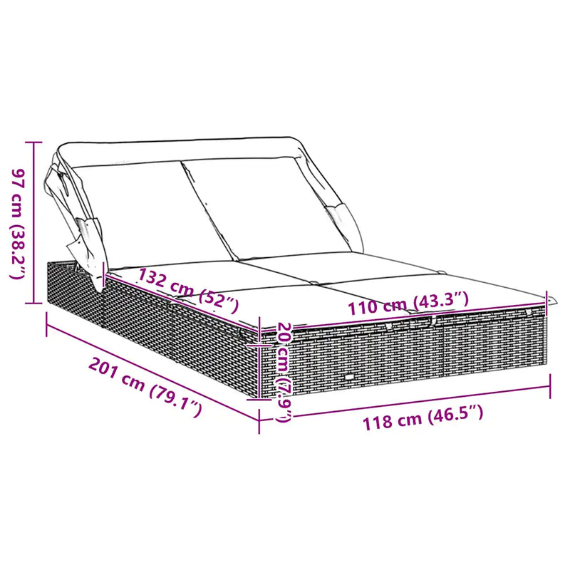 2-Person Sunbed with Foldable Roof Black 213x118x97 cm Poly Rattan