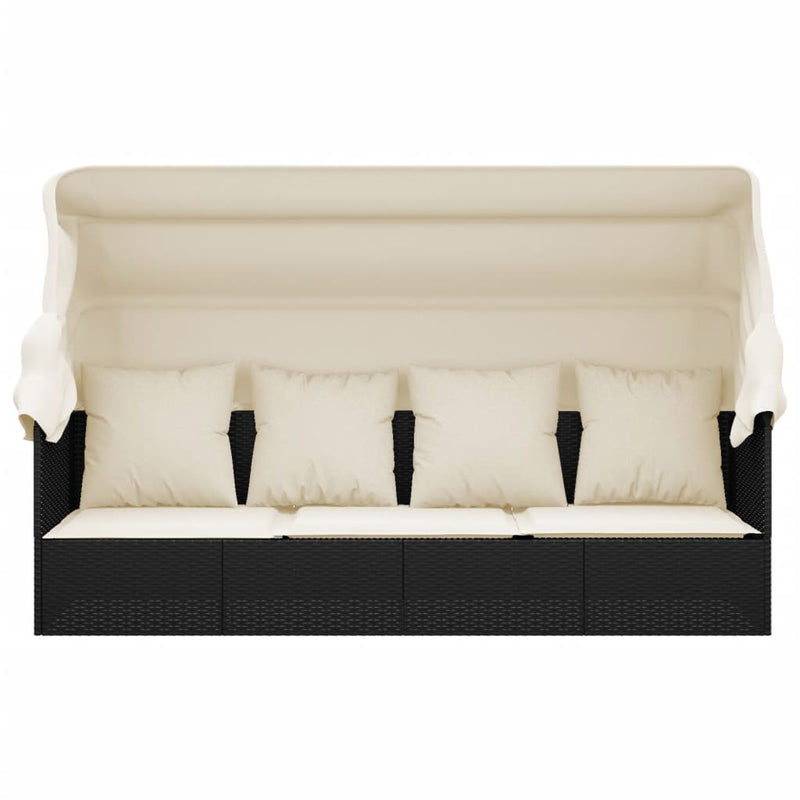 vidaXL Outdoor Lounge Bed with Roof and Cushions Black Poly Rattan