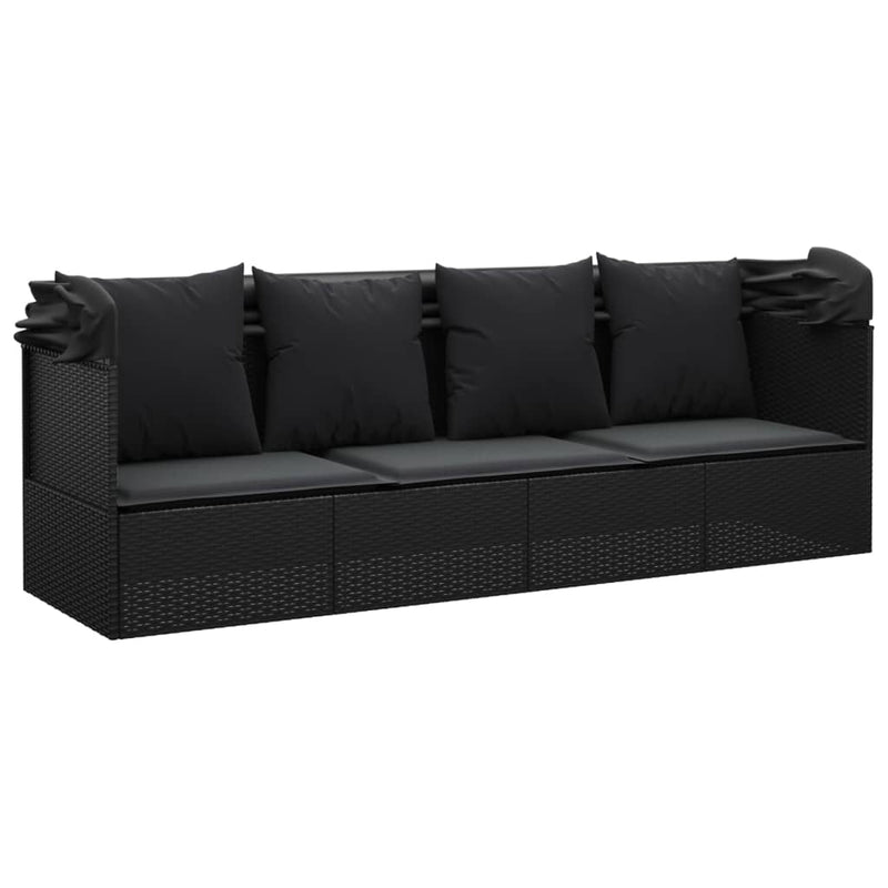 vidaXL Outdoor Lounge Bed with Roof and Cushions Black Poly Rattan
