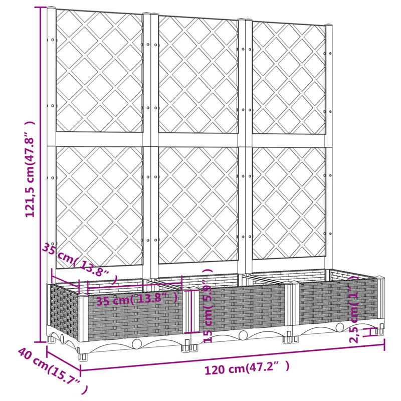 vidaXL Garden Planter with Trellis Light Grey 120x40x121.5 cm PP
