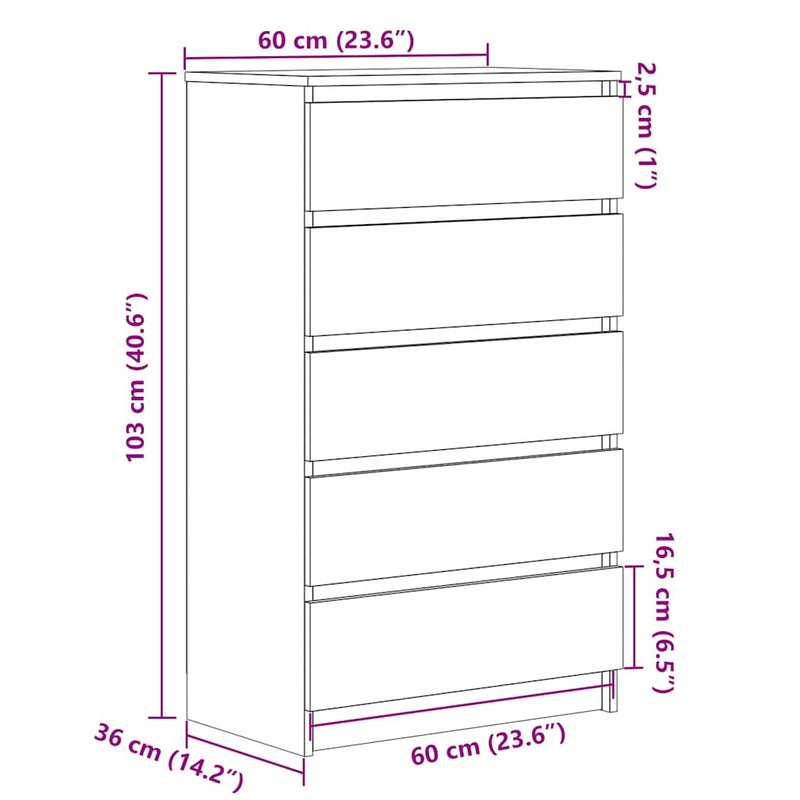 vidaXL Drawer Cabinet Black 60x36x103 cm Engineered Wood