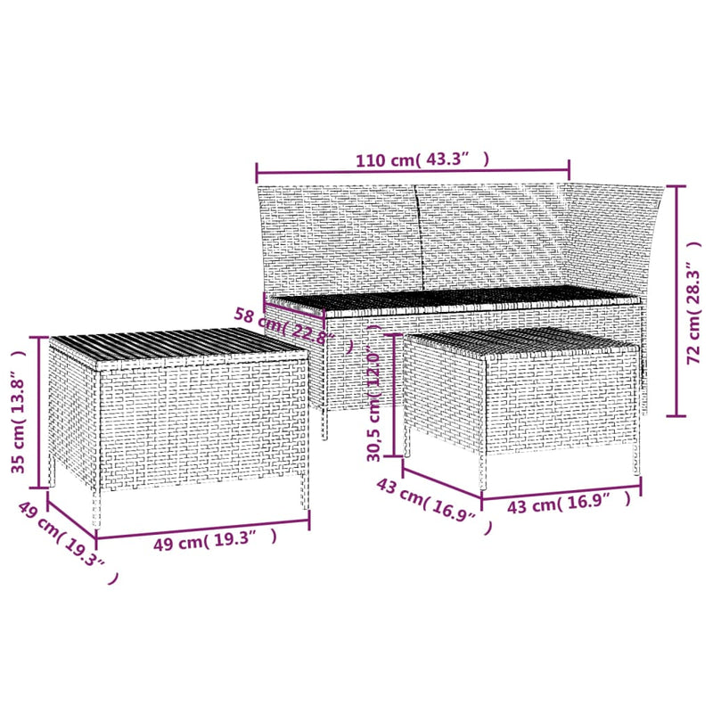 vidaXL 3 Piece Garden Lounge Set with Cushions Black Poly Rattan