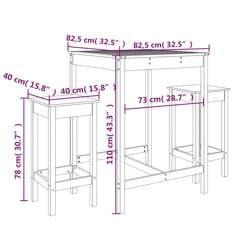 vidaXL 3 Piece Garden Bar Set Black Solid Wood Pine