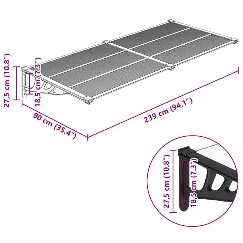 vidaXL Door Canopy Black and Transparent 239x90 cm Polycarbonate