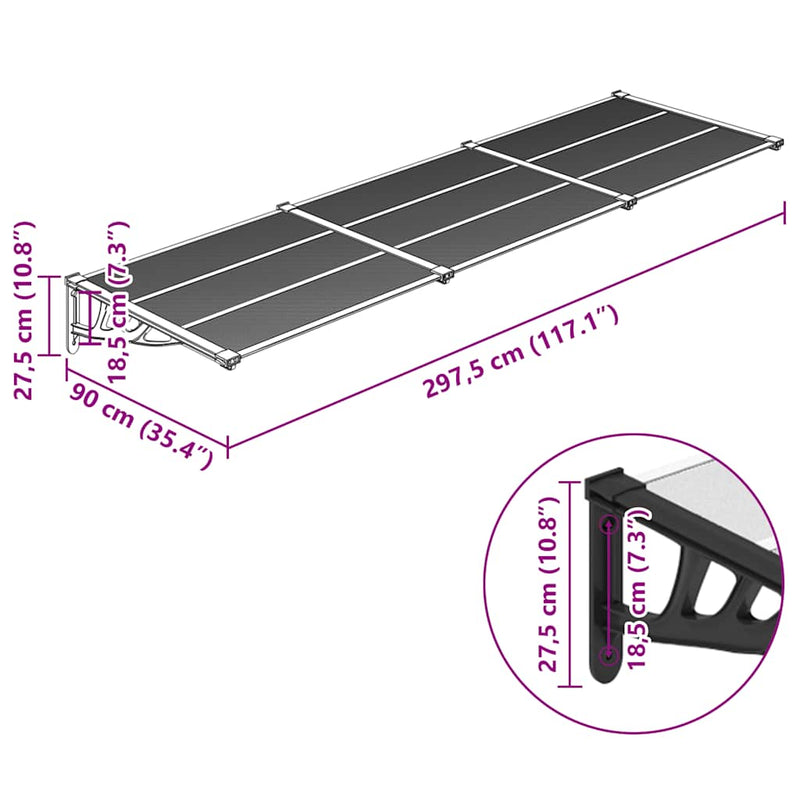 vidaXL Door Canopy Black and Transparent 297.5x90 cm Polycarbonate