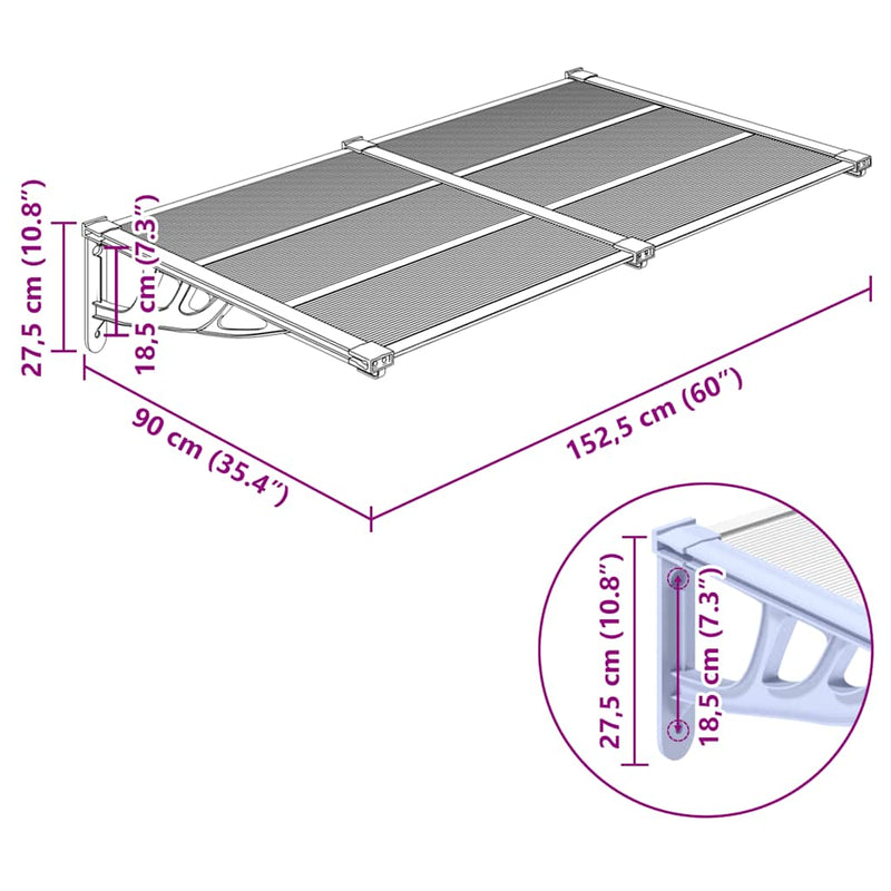vidaXL Door Canopy Grey and Transparent 152.5x90 cm Polycarbonate
