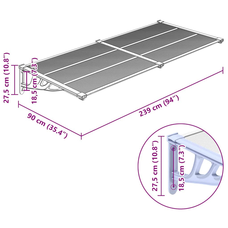 vidaXL Door Canopy Grey and Transparent 239x90 cm Polycarbonate
