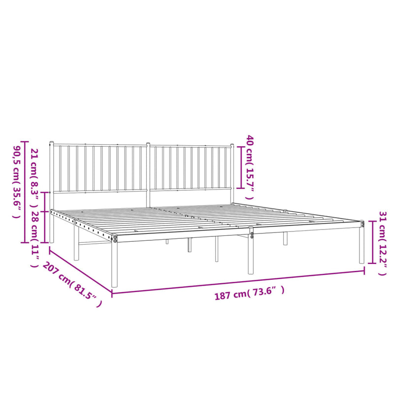 vidaXL Metal Bed Frame without Mattress with Headboard Black 183x203 cm King