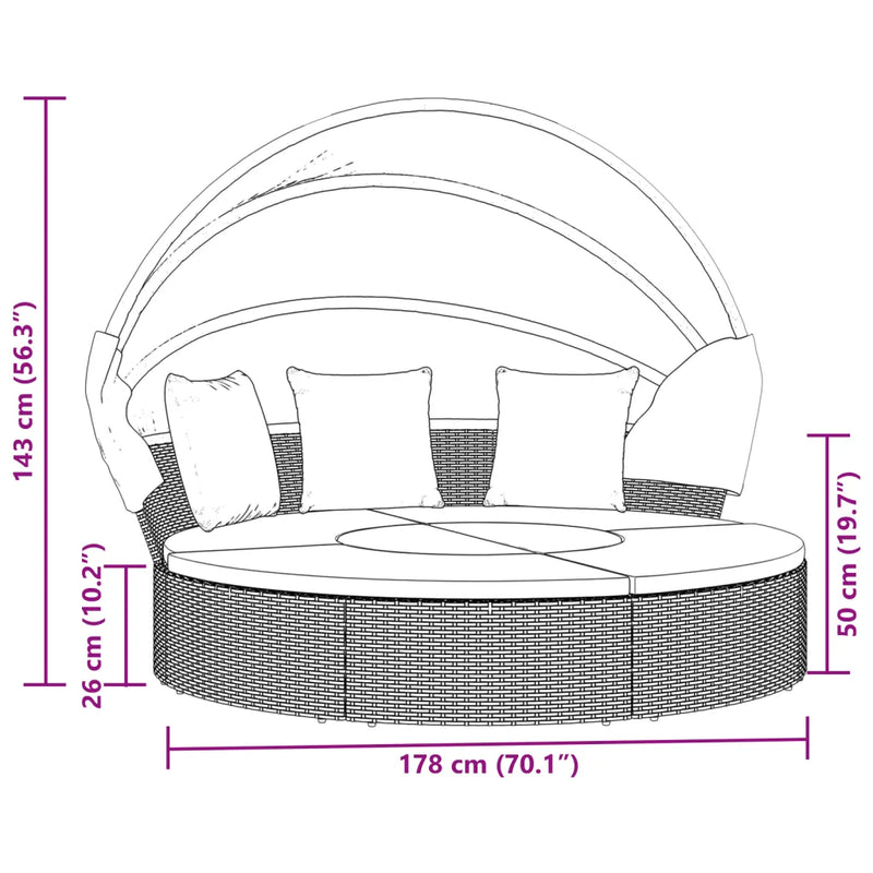 Outdoor Lounge Bed with Canopy and Cushions Black Poly Rattan