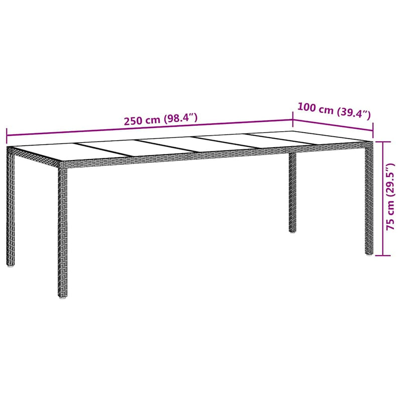vidaXL Garden Dining Table Grey 250 x 100 x 75 cm Poly Rattan