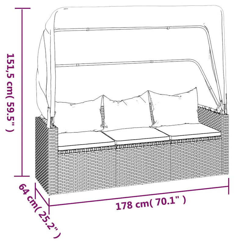 vidaXL 3-Seater Garden Sofa with Roof and Footstool Black Poly Rattan