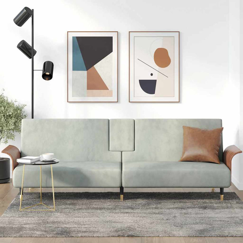 vidaXL Sofa Bed with Cup Holders Light Grey Velvet