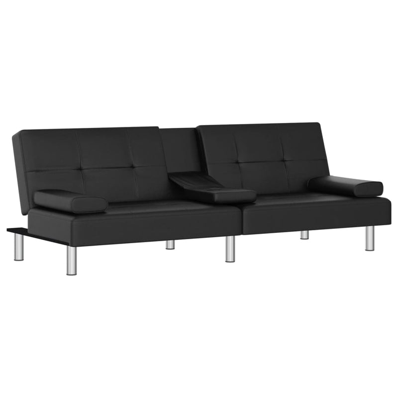 Sofa Bed with Cup Holders Black Faux Leather