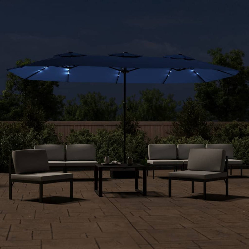 vidaXL Double-Head Garden Parasol with LEDs Azure Blue 449x265 cm