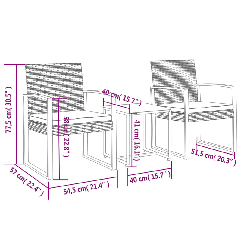 vidaXL 3 piece Garden Dining Set with Cushions Brown PP Rattan