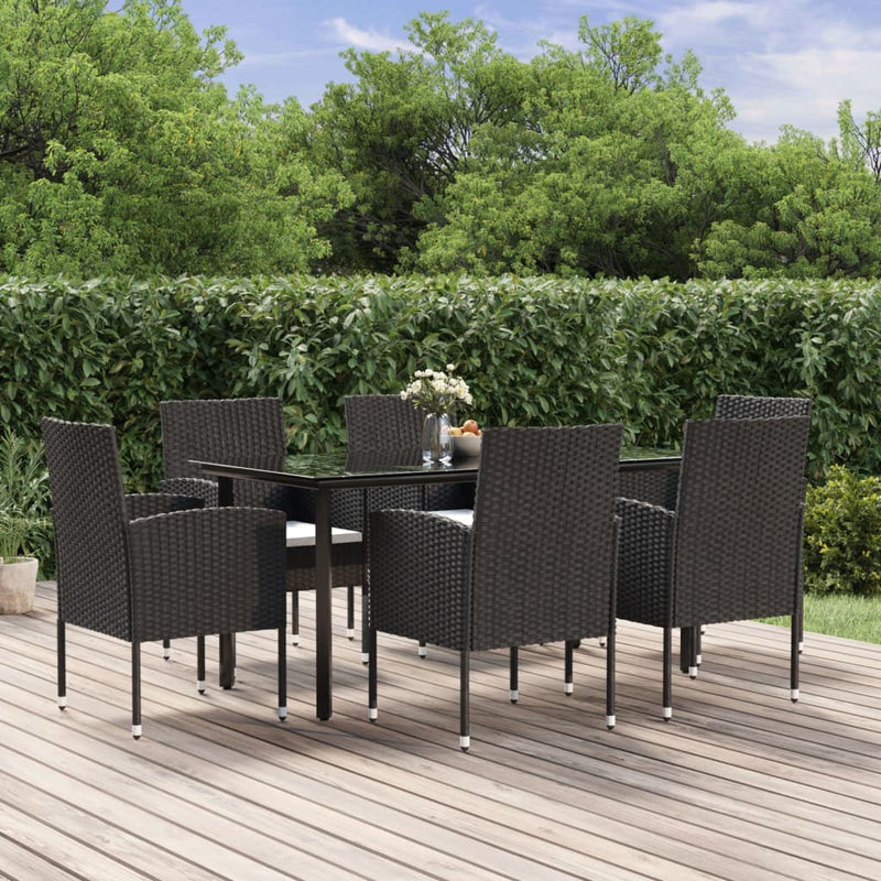 vidaXL 7 Piece Garden Dining Set with Cushions Black Poly Rattan