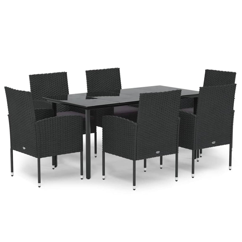 vidaXL 7 Piece Garden Dining Set with Cushions Black Poly Rattan