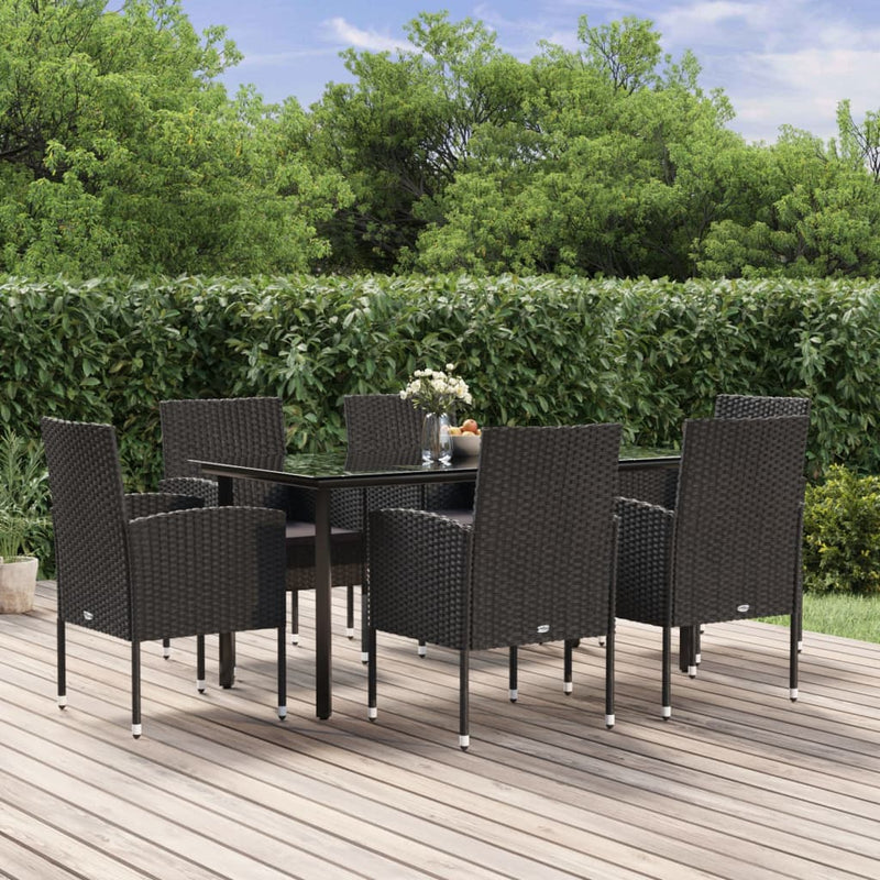 vidaXL 7 Piece Garden Dining Set with Cushions Black Poly Rattan