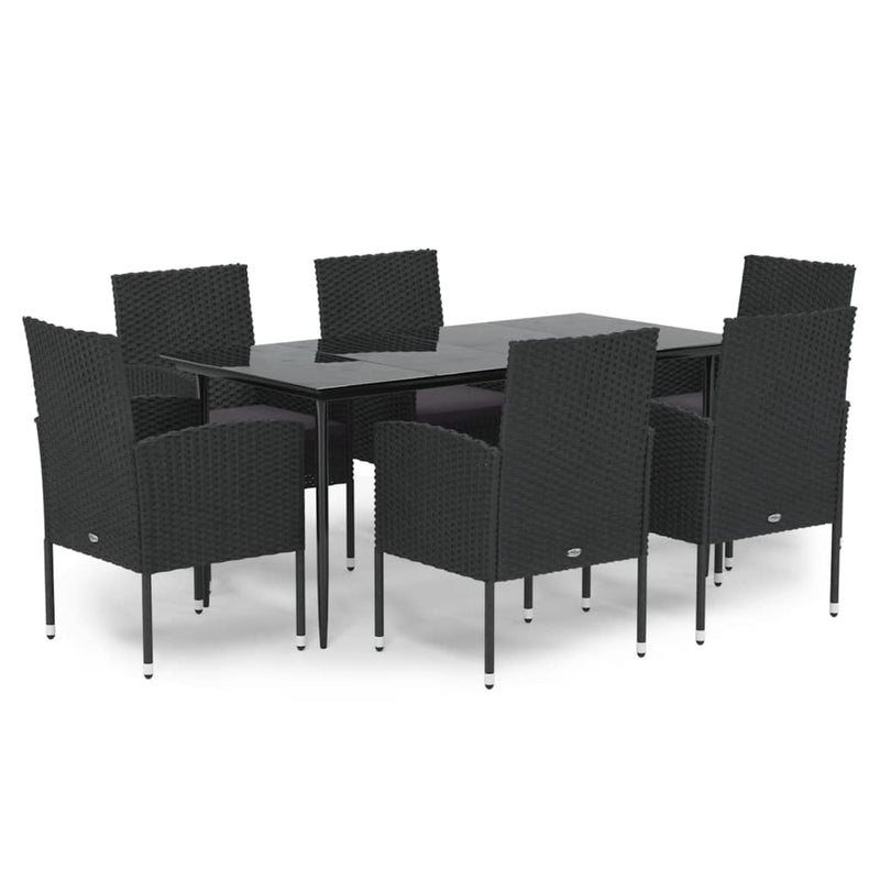 vidaXL 7 Piece Garden Dining Set with Cushions Black Poly Rattan
