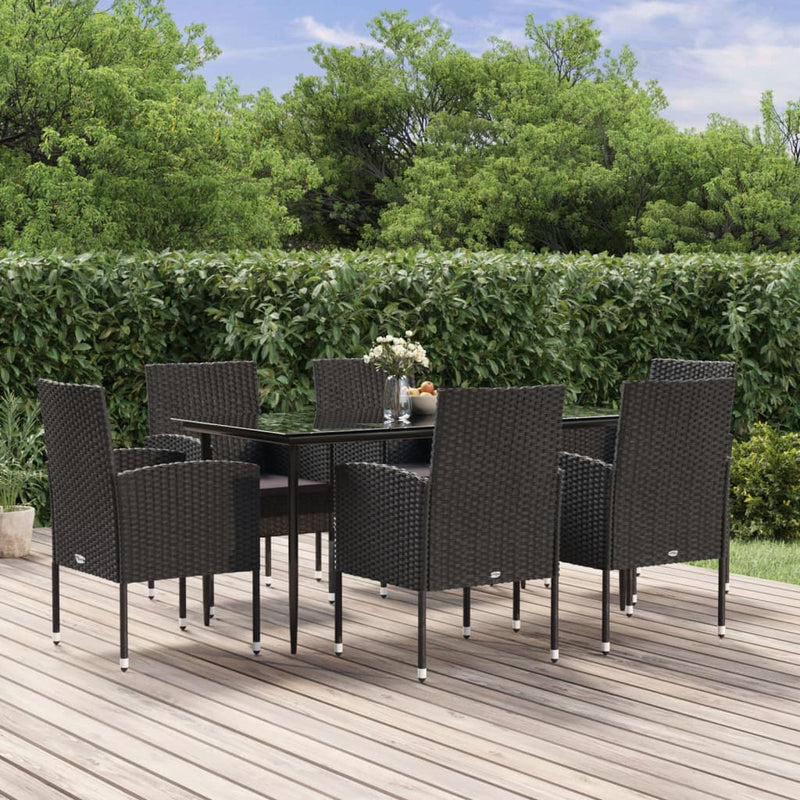 vidaXL 7 Piece Garden Dining Set with Cushions Black Poly Rattan