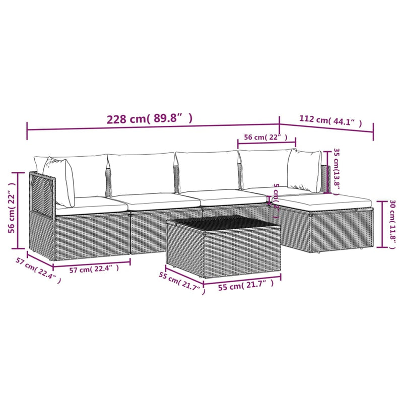 vidaXL 6 Piece Garden Lounge Set with Cushions Grey Poly Rattan