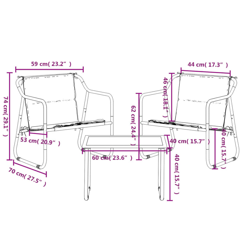 3 Piece Garden Lounge Set with Cushions Anthracite Steel