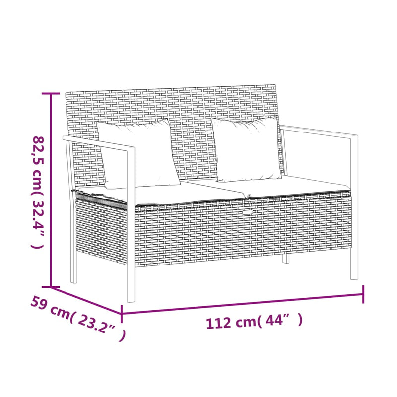 vidaXL 2-Seater Garden Bench with Cushions Grey Poly Rattan