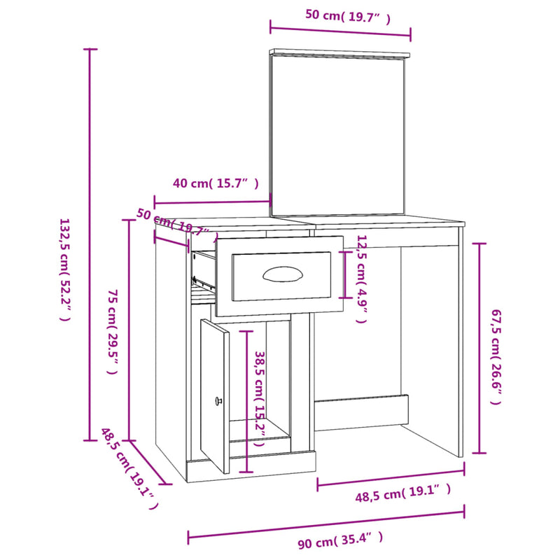 vidaXL Dressing Table with Mirror High Gloss White 90x50x132.5 cm Engineered Wood