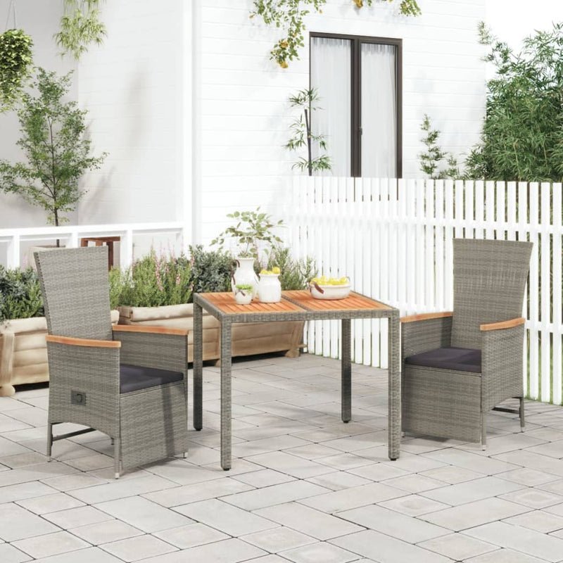 vidaXL 3 Piece Garden Dining Set with Cushions Grey Poly Rattan