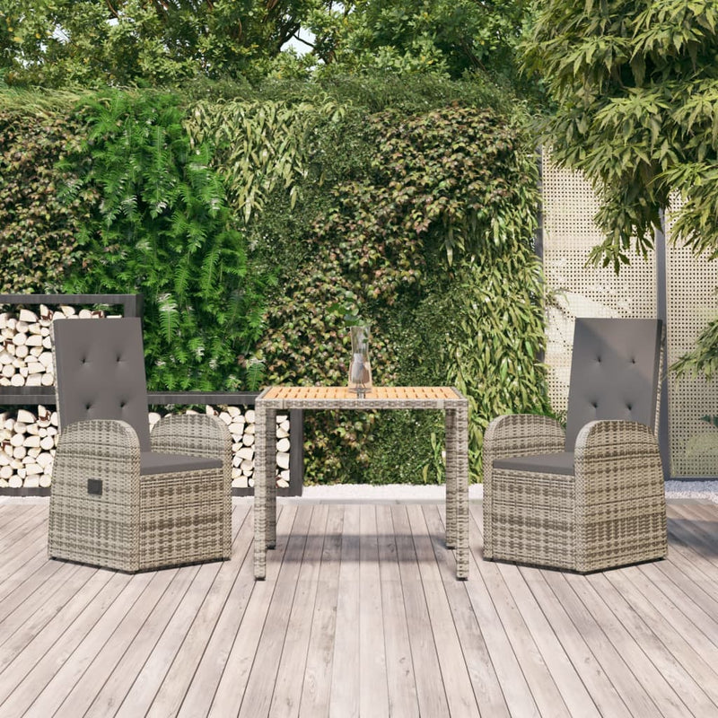 vidaXL 3 Piece Garden Dining Set with Cushions Grey Poly Rattan