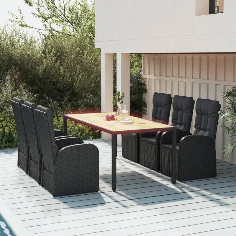 vidaXL 7 Piece Garden Dining Set with Cushions Black Poly Rattan