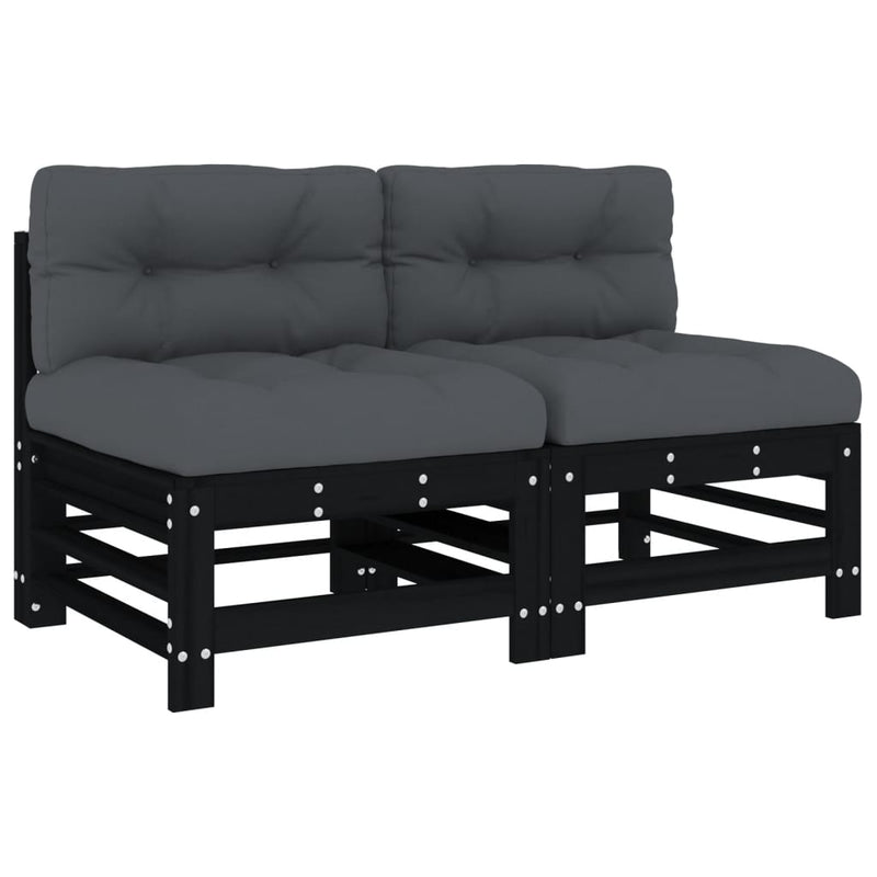 vidaXL Middle Sofas with Cushions 2 pcs Black Solid Wood Pine