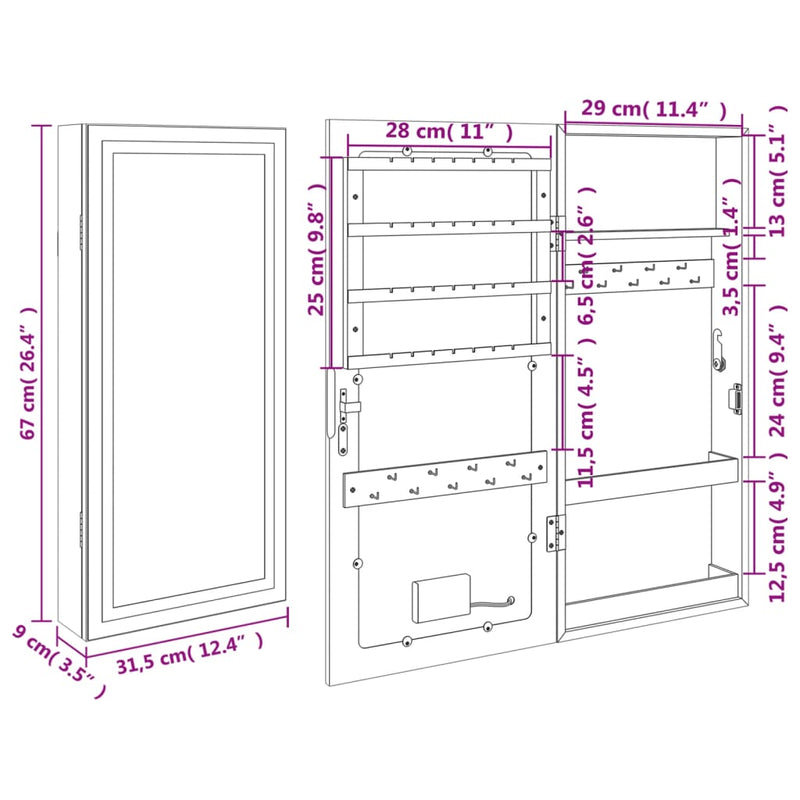 vidaXL Mirror Jewellery Cabinet with LED Lights Wall Mounted White