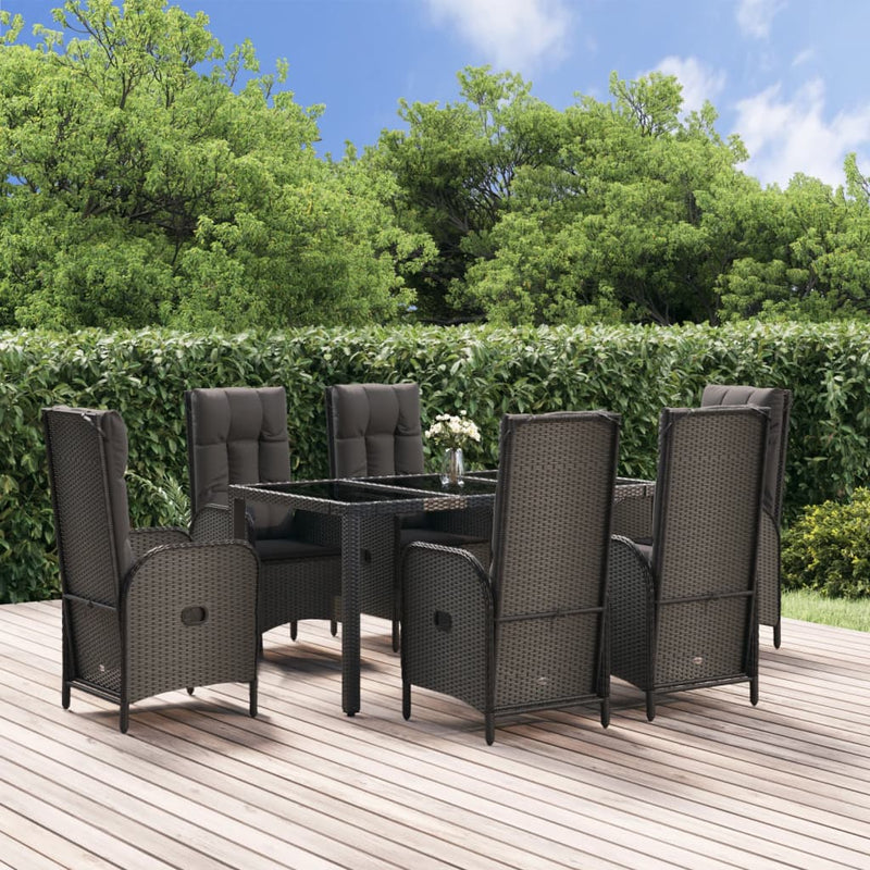 vidaXL 7 Piece Garden Dining Set with Cushions Black and Grey Poly Rattan