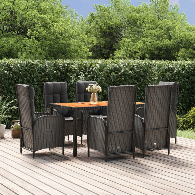 vidaXL 7 Piece Garden Dining Set with Cushions Black Poly Rattan