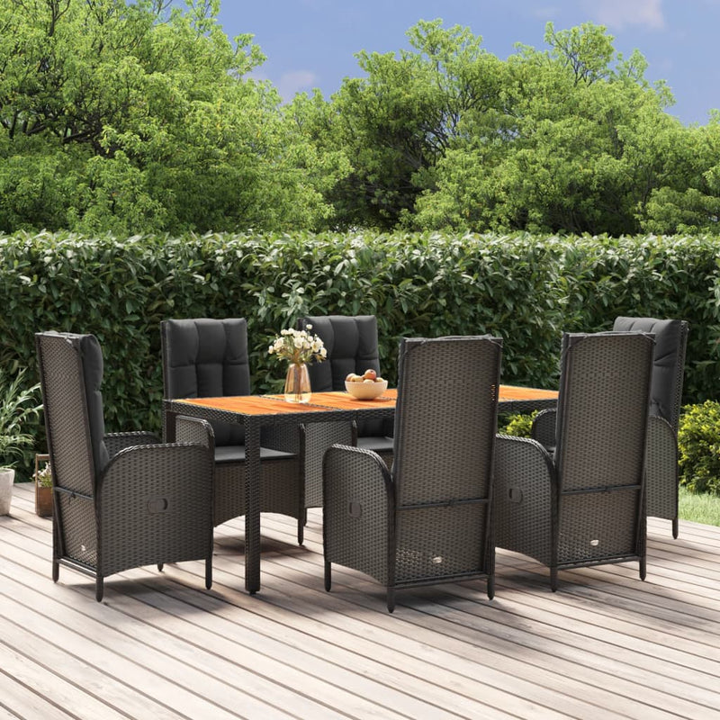 vidaXL 7 Piece Garden Dining Set with Cushions Black Poly Rattan