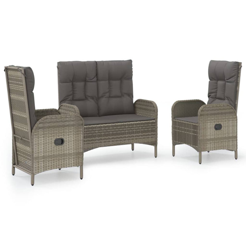 vidaXL 3 Piece Garden Dining Set with Cushions Grey Poly Rattan