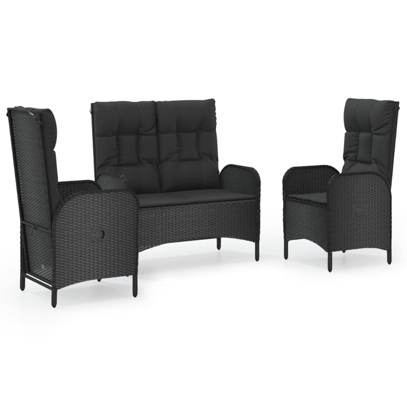 vidaXL 3 Piece Garden Dining Set with Cushions Black Poly Rattan