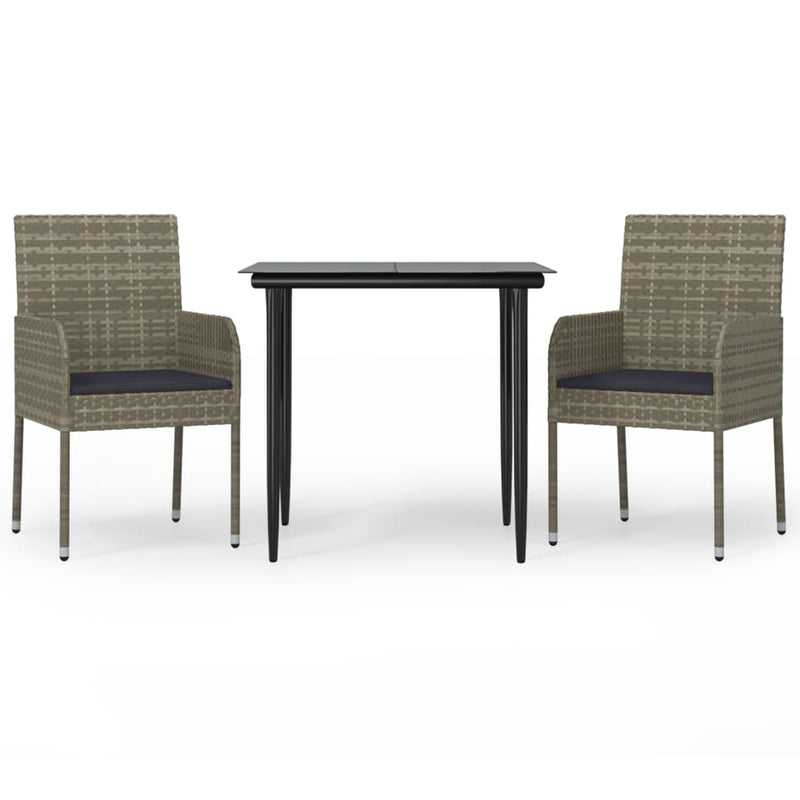 vidaXL 3 Piece Garden Dining Set with Cushions Black and Grey Poly Rattan