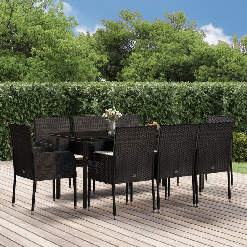 vidaXL 9 Piece Garden Dining Set with Cushions Black Poly Rattan