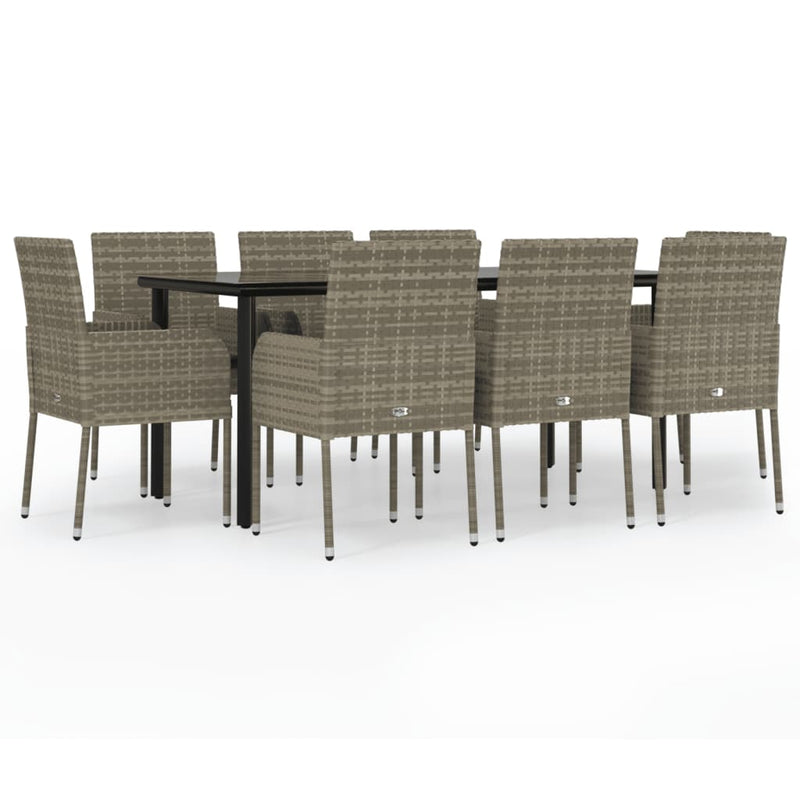 vidaXL 9 Piece Garden Dining Set with Cushions Black and Grey Poly Rattan
