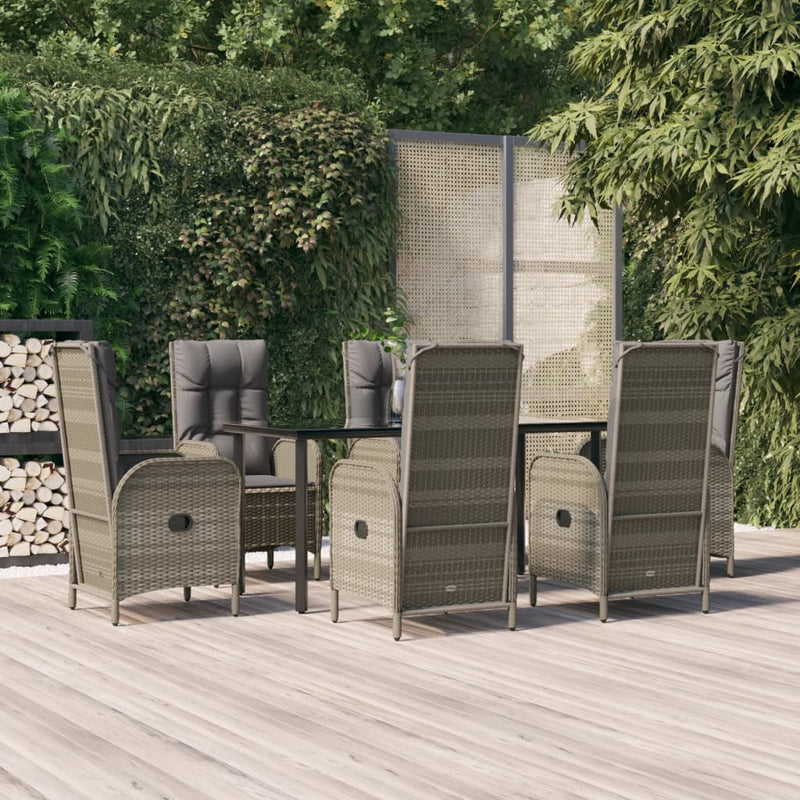 vidaXL 7 Piece Garden Dining Set with Cushions Black and Grey Poly Rattan
