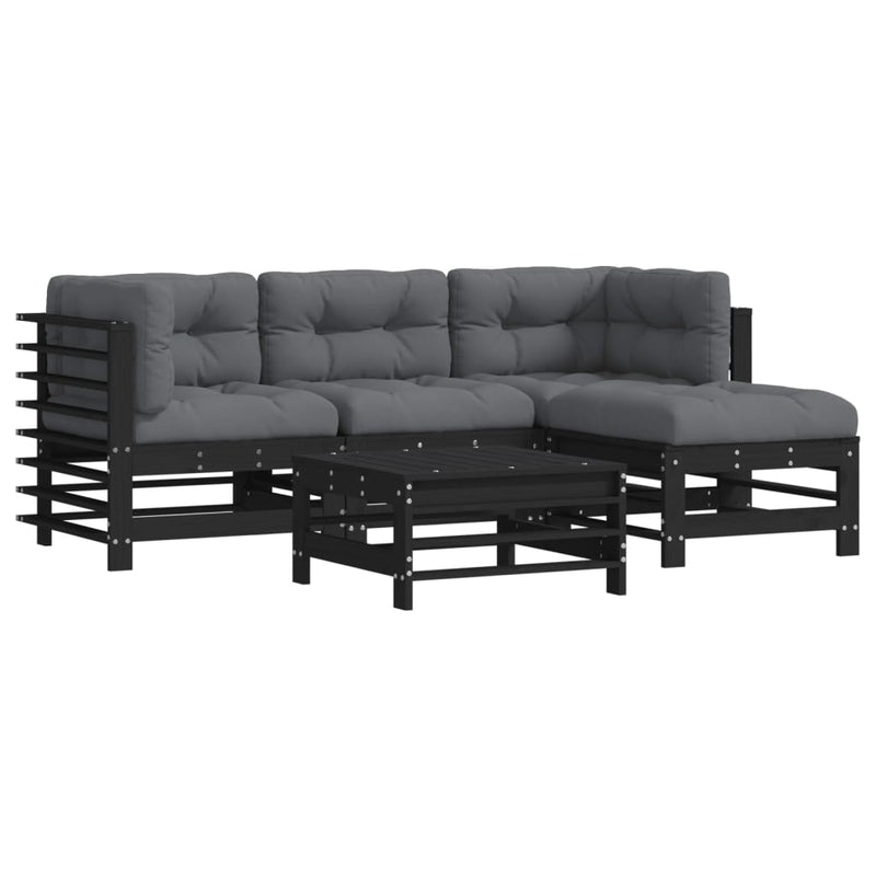 vidaXL 5 Piece Garden Lounge Set with Cushions Black Solid Wood
