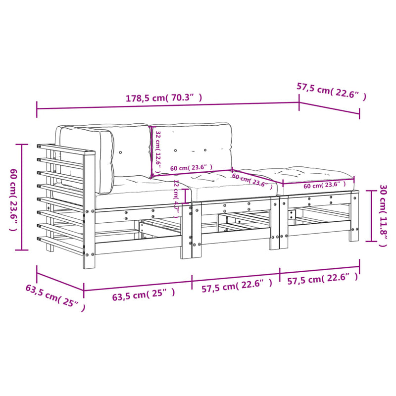 vidaXL 3 Piece Garden Lounge Set with Cushions White Solid Wood
