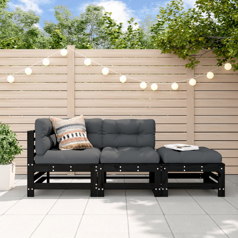 vidaXL 3 Piece Garden Lounge Set with Cushions Black Solid Wood