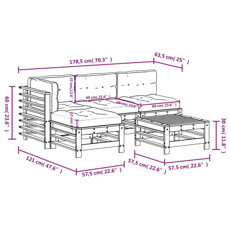 vidaXL 5 Piece Garden Lounge Set with Cushions Black Solid Wood